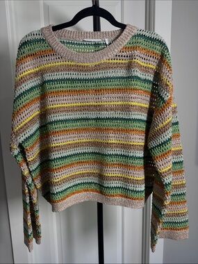 Striped Open-Knit Crewneck Sweater - Multi Green